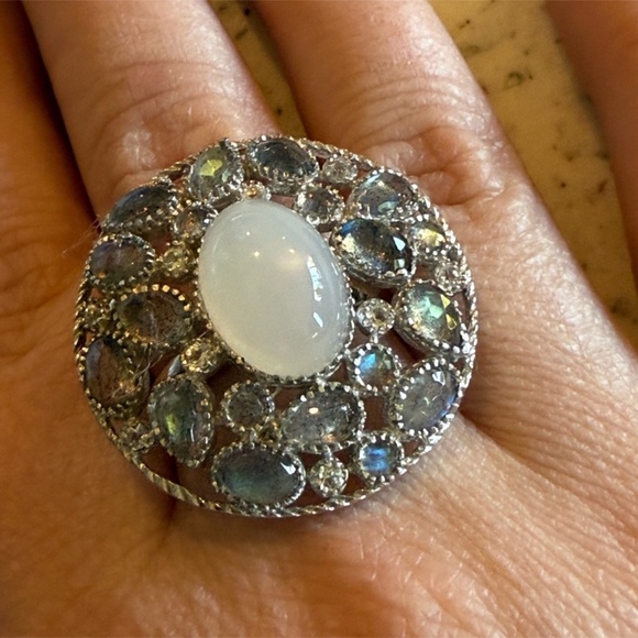 Vintage Sterling Silver 925 Moonstone & Labradorite Cluster Ring Size 9 - Picture 2 of 5